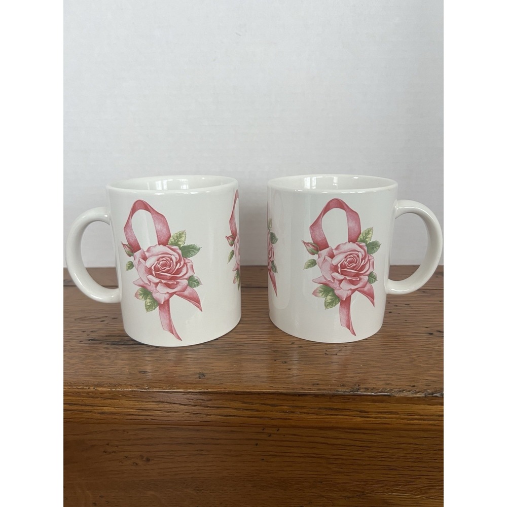 Lot- 2 VTG 1997 Avon Breast Cancer Awareness Crusade Pink Ribbon Rose Mug‎ 10oz